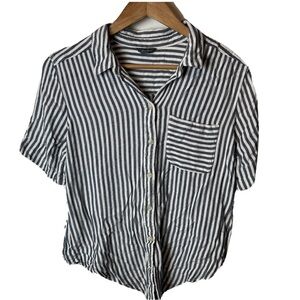 Eddie Bauer Striped Blouse Tie Front Button Up Short Sleeve Shirt Size Large